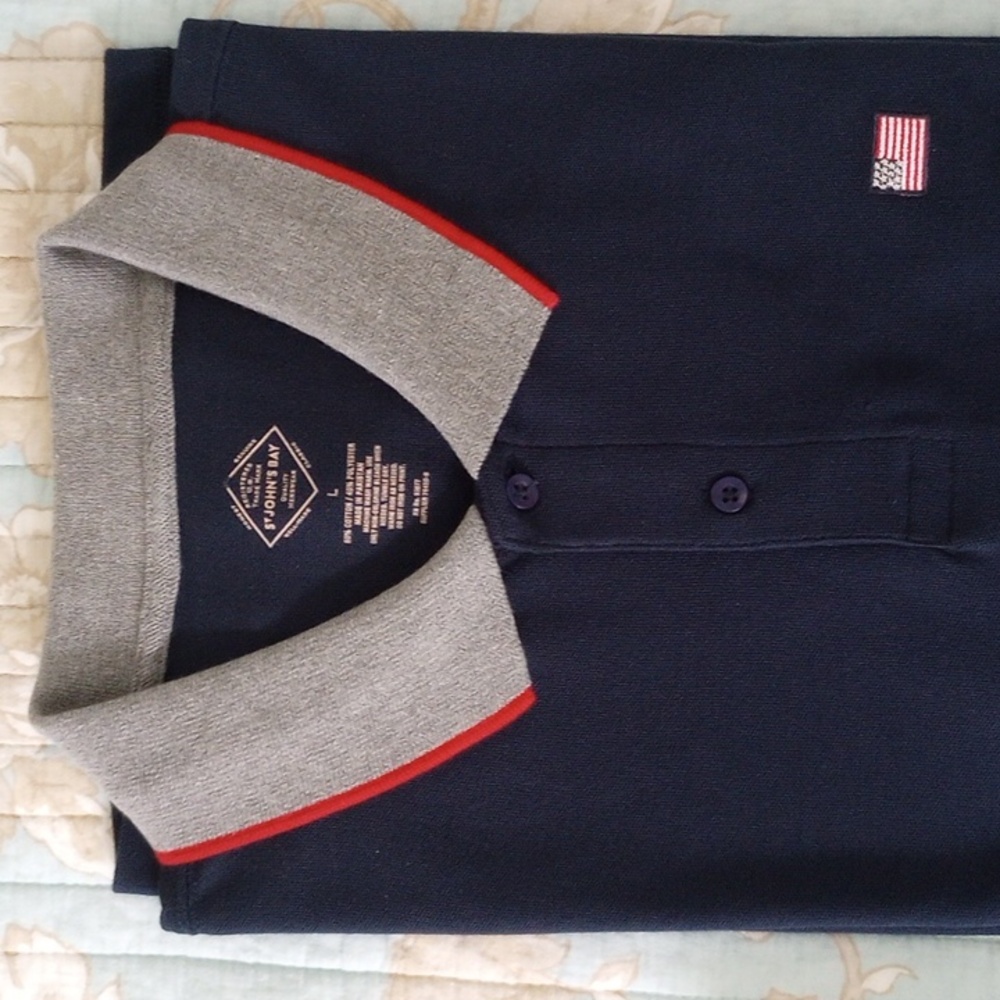 St. John's Bay Navy Polo with Gray and Red Accents. USA Flag.